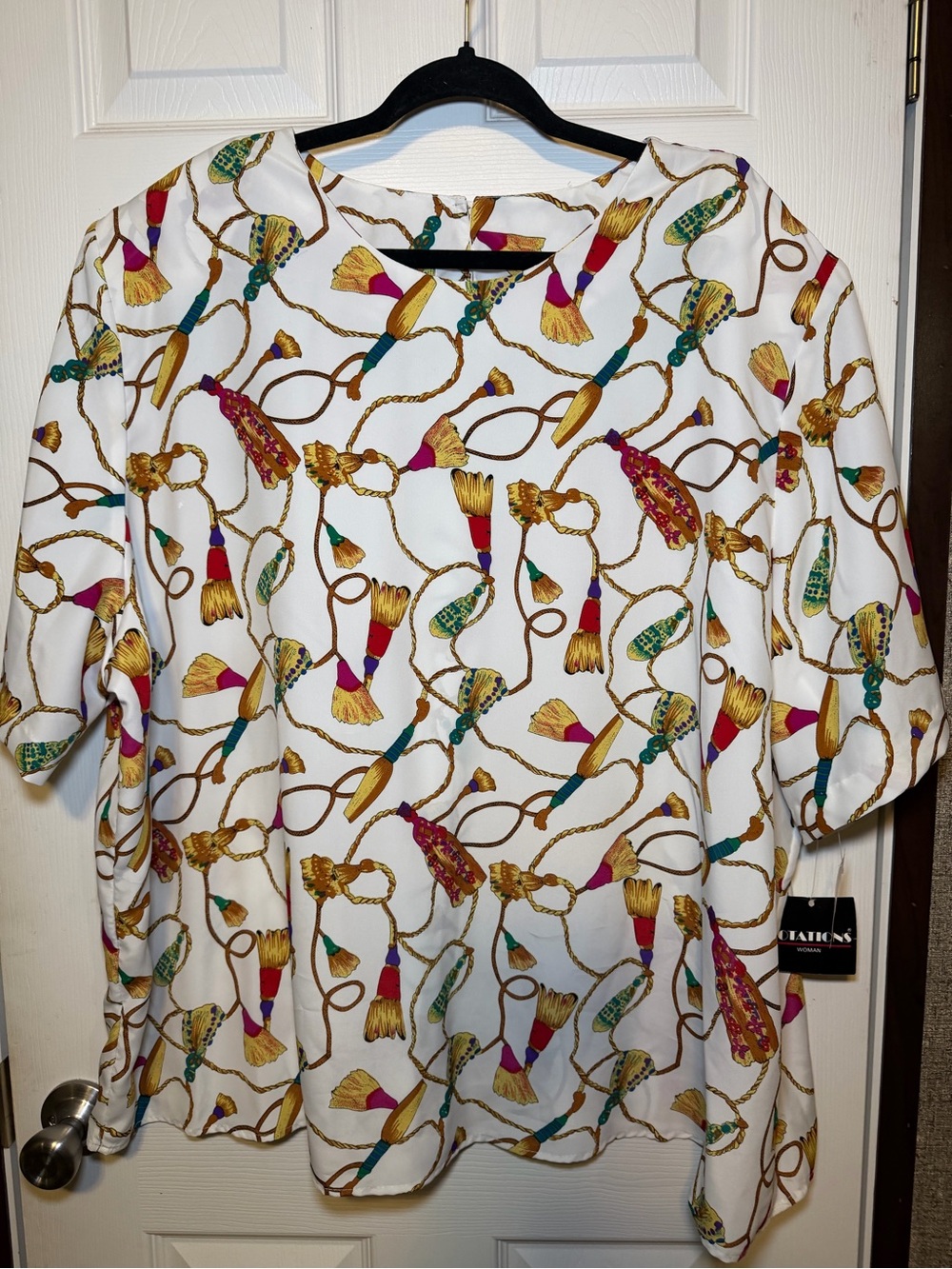 Notations White Blouse with Gold Rope & Multicolor Tassel Print
